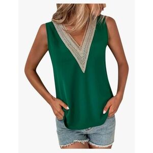 Maysoar Womens Lace Crochet V Neck Tank Top Green Sleeveless Blouse Size L NEW